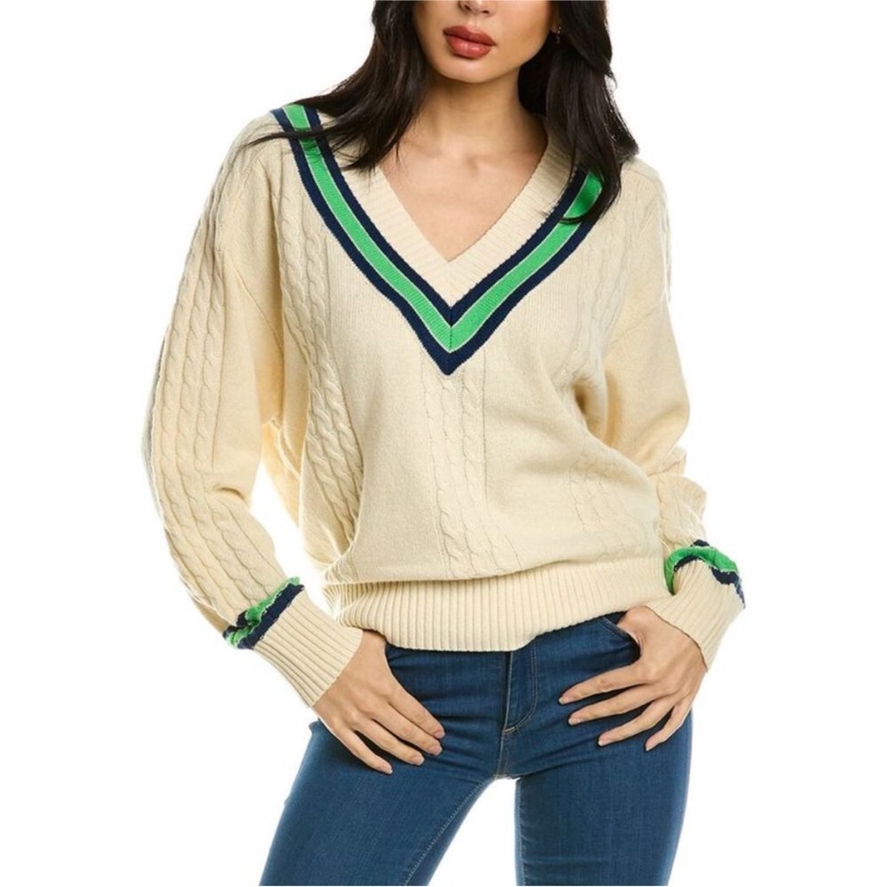 Rebecca Taylor Academia Cable Sweater with green and navy contrast
